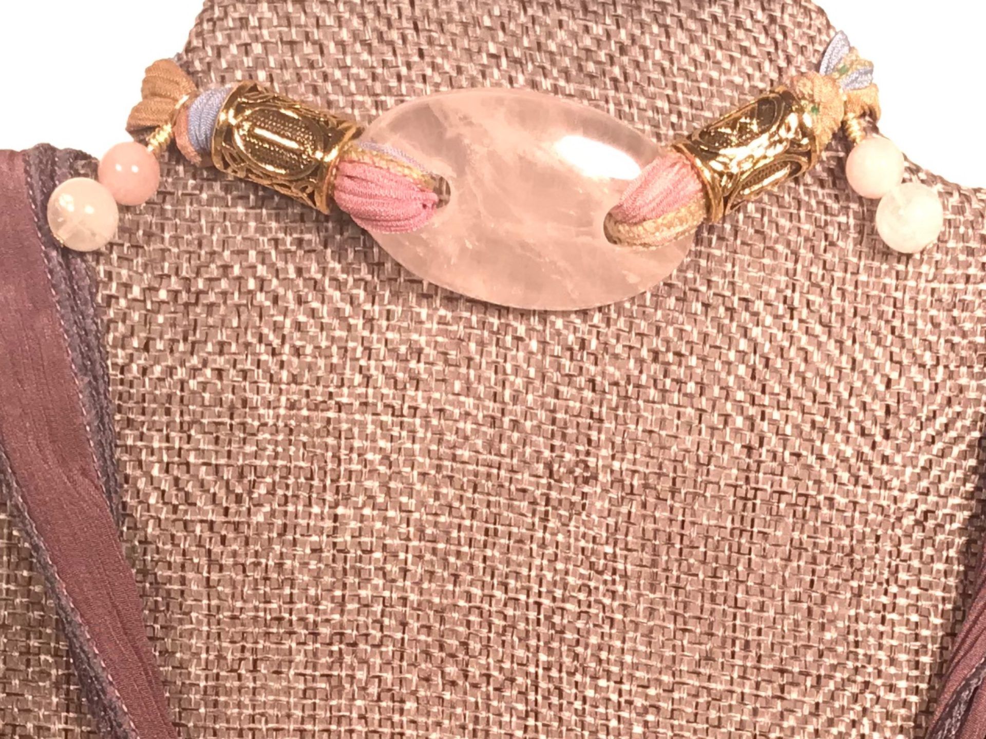 #76 NECKLACE ($75): Rose Quartz Stone, Rainbow Moonstone & Rose Quartz Beads, Gold Rune Beads, Pink Silk Ribbon