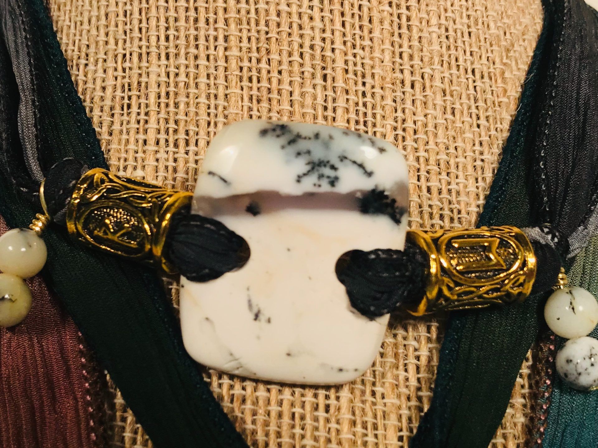 #49 NECKLACE ($75): Dendrite Opal Stone, Gold Rune Beads, Emerald Green Silk Ribbon