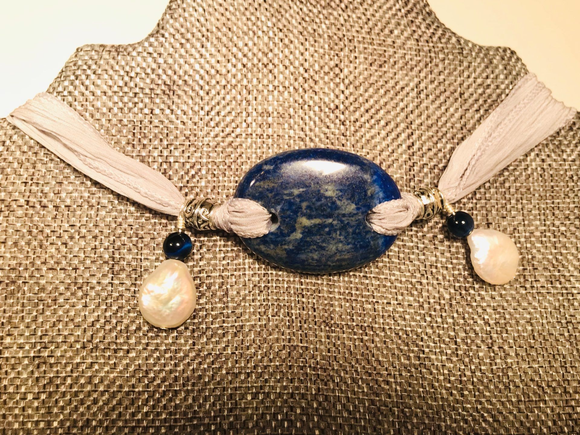 #75 NECKLACE ($50): Lapus Lazuli Stone, White Button Pearl, Lapus Lazuli Bead, Silver Tibetan Beads