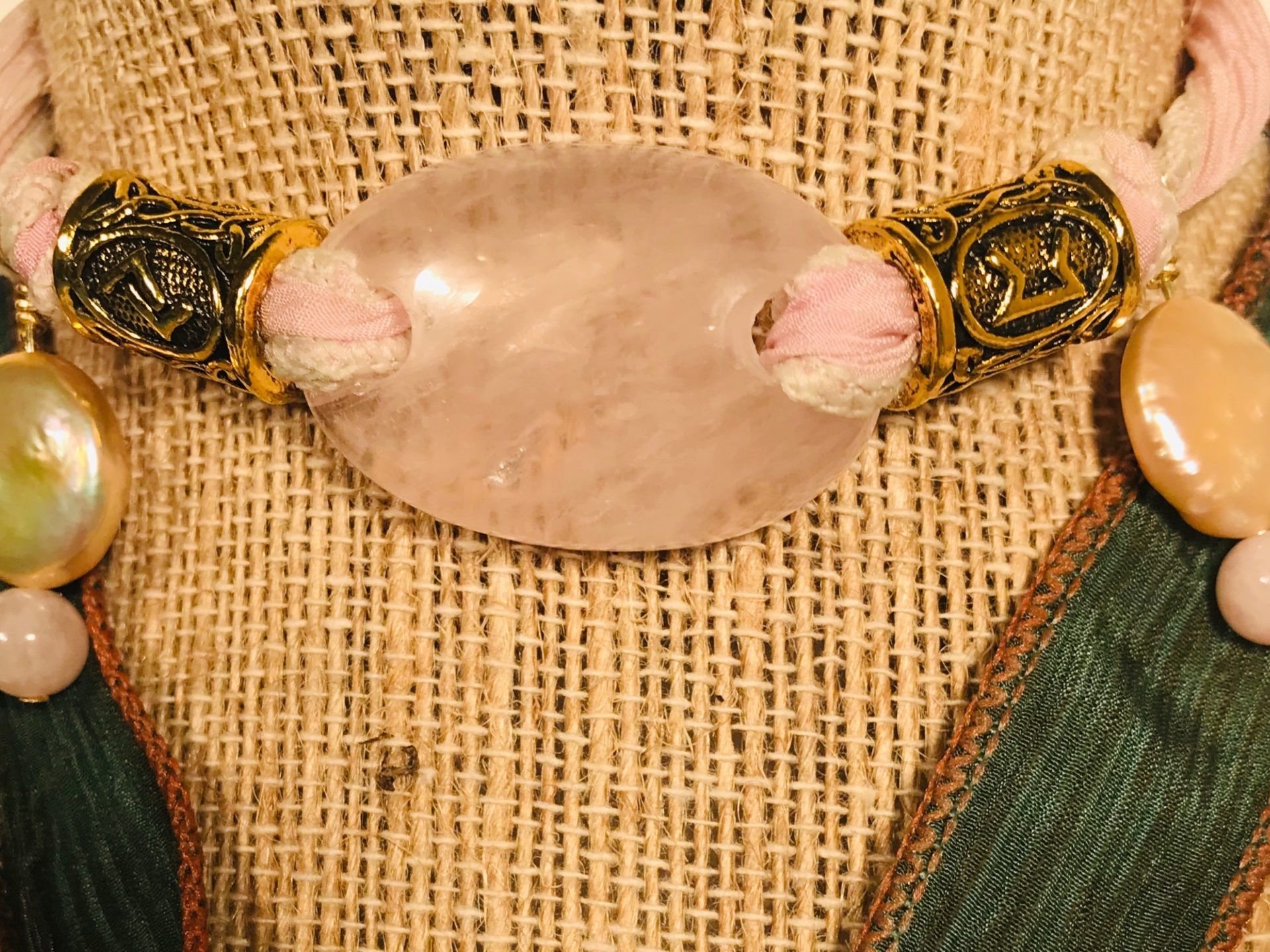 #77 NECKLACE ($75): Rose Quartz Stone, White Button Pearl, Rainbow Moonstone & Rose Quartz Beads, Gold Rune Beads, Pink Silk Ribbon