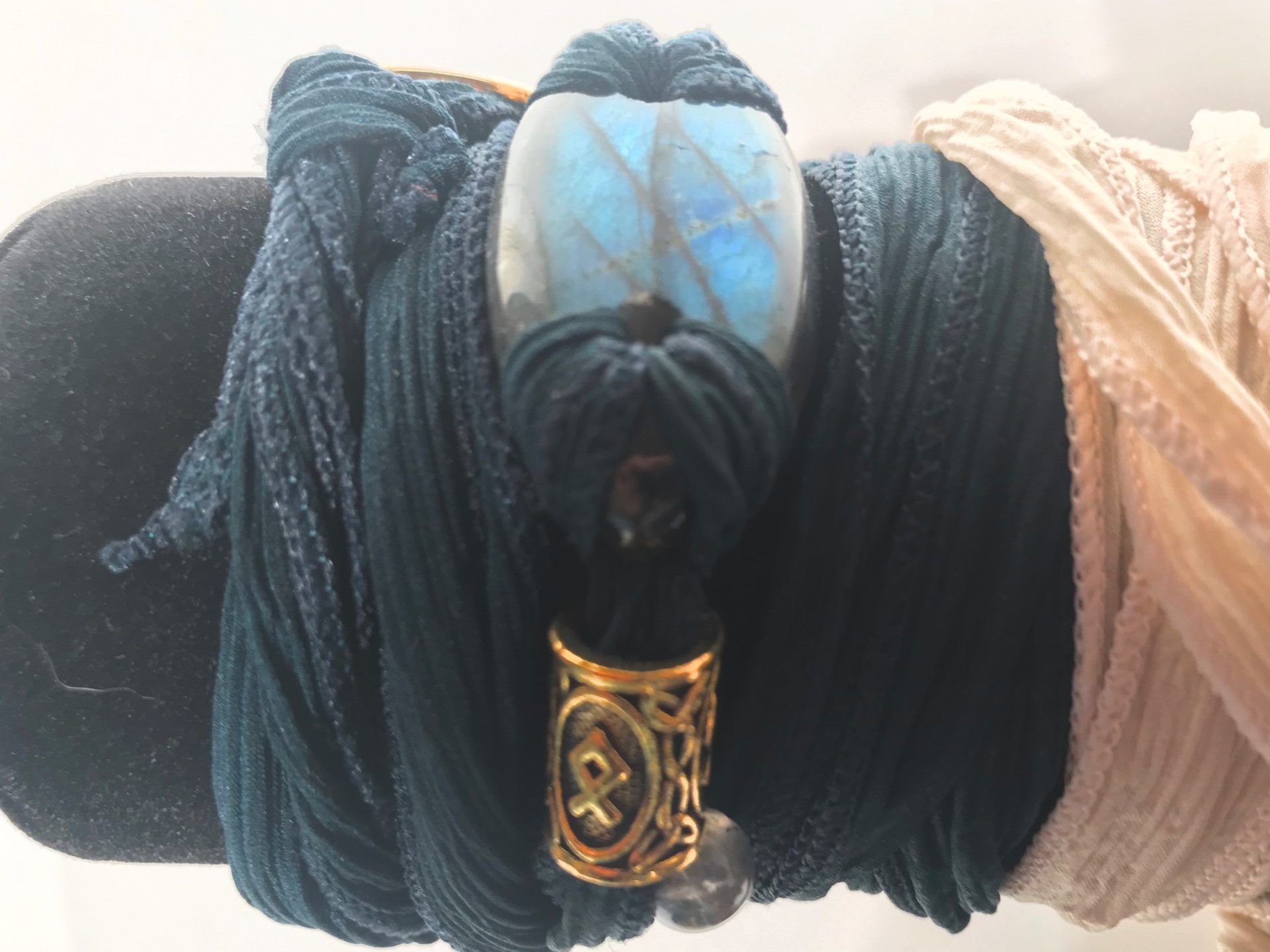 #20 WRIST WRAP ($75): Blue Flash Labradorite, Gold Rune Beads, Teal Green Silk Ribbon