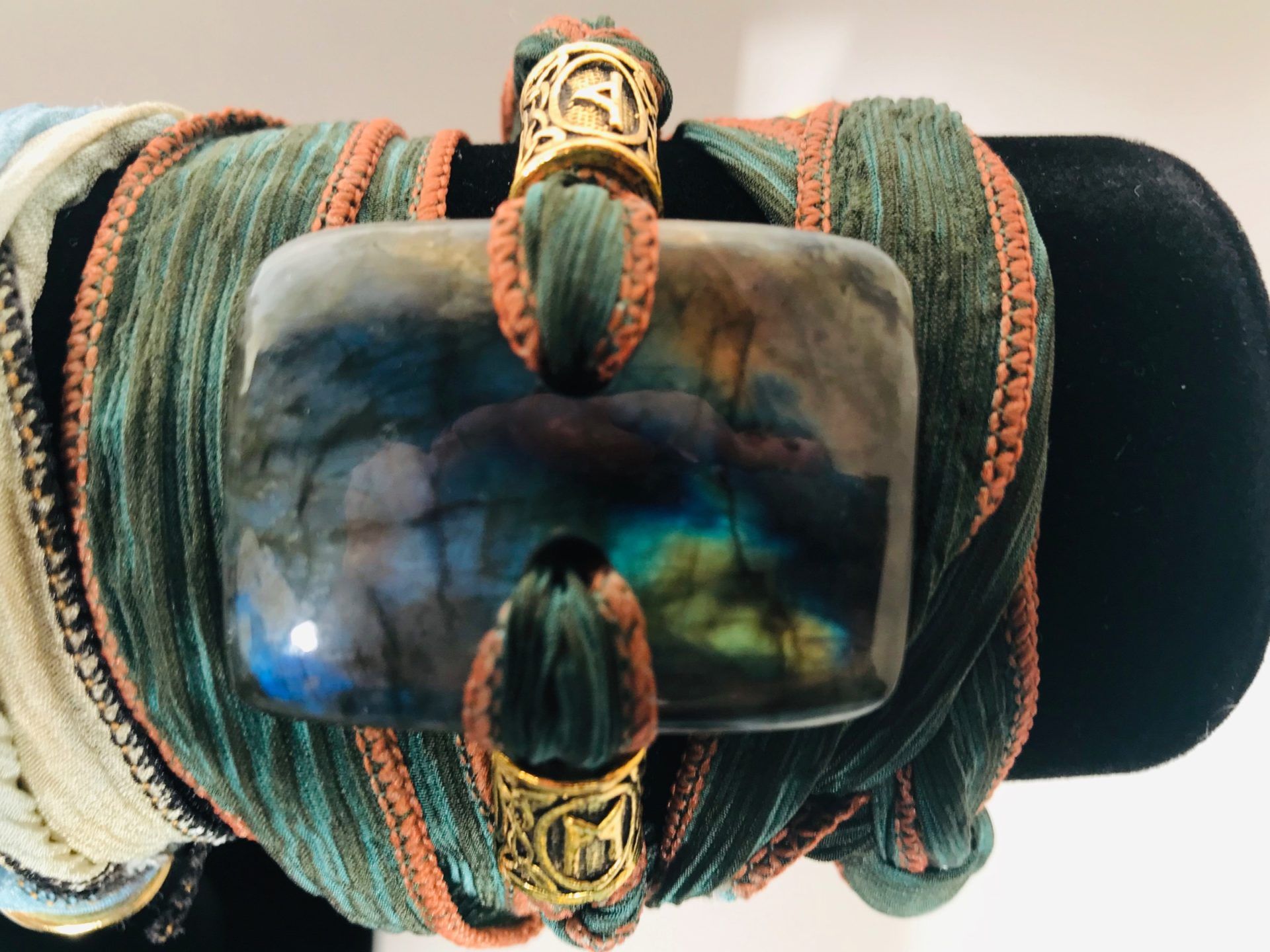 #42 WRIST WRAP ($75): Labradorite Stone, Gold Rune Beads, Forest Green Silk Ribbon