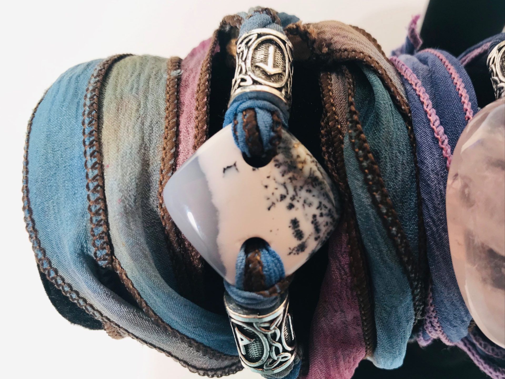 #26 WRIST WRAP ($75): Dendrite Opal Stone, Silver Rune Beads, Multicolor Rainbow Silk Ribbon