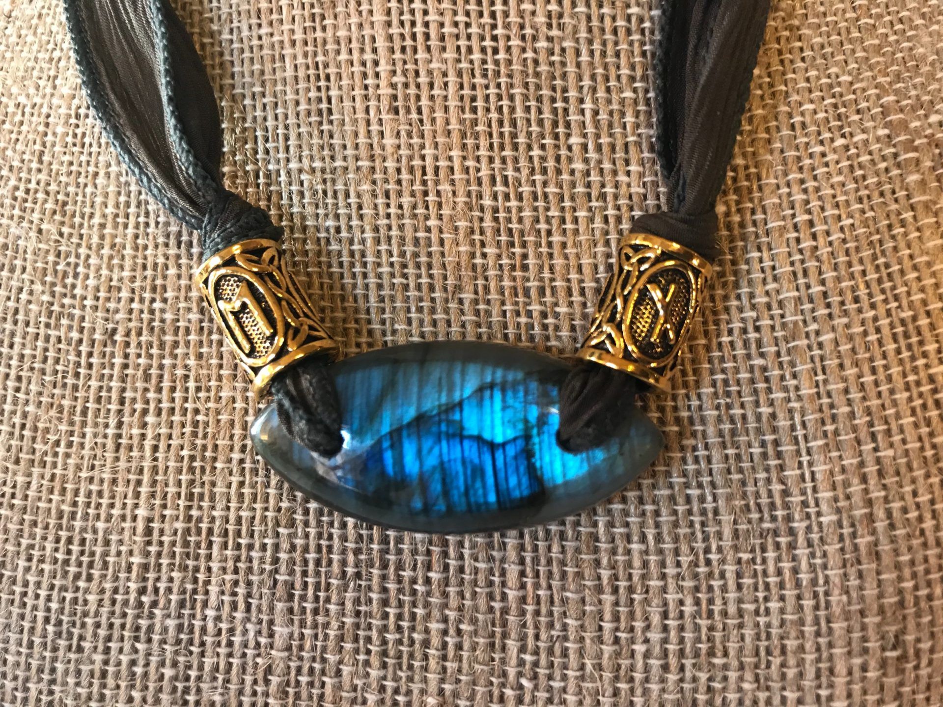 #48 NECKLACE ($75): Blue Flash Labradorite, Gold Rune Beads, Olive Green Silk Ribbon