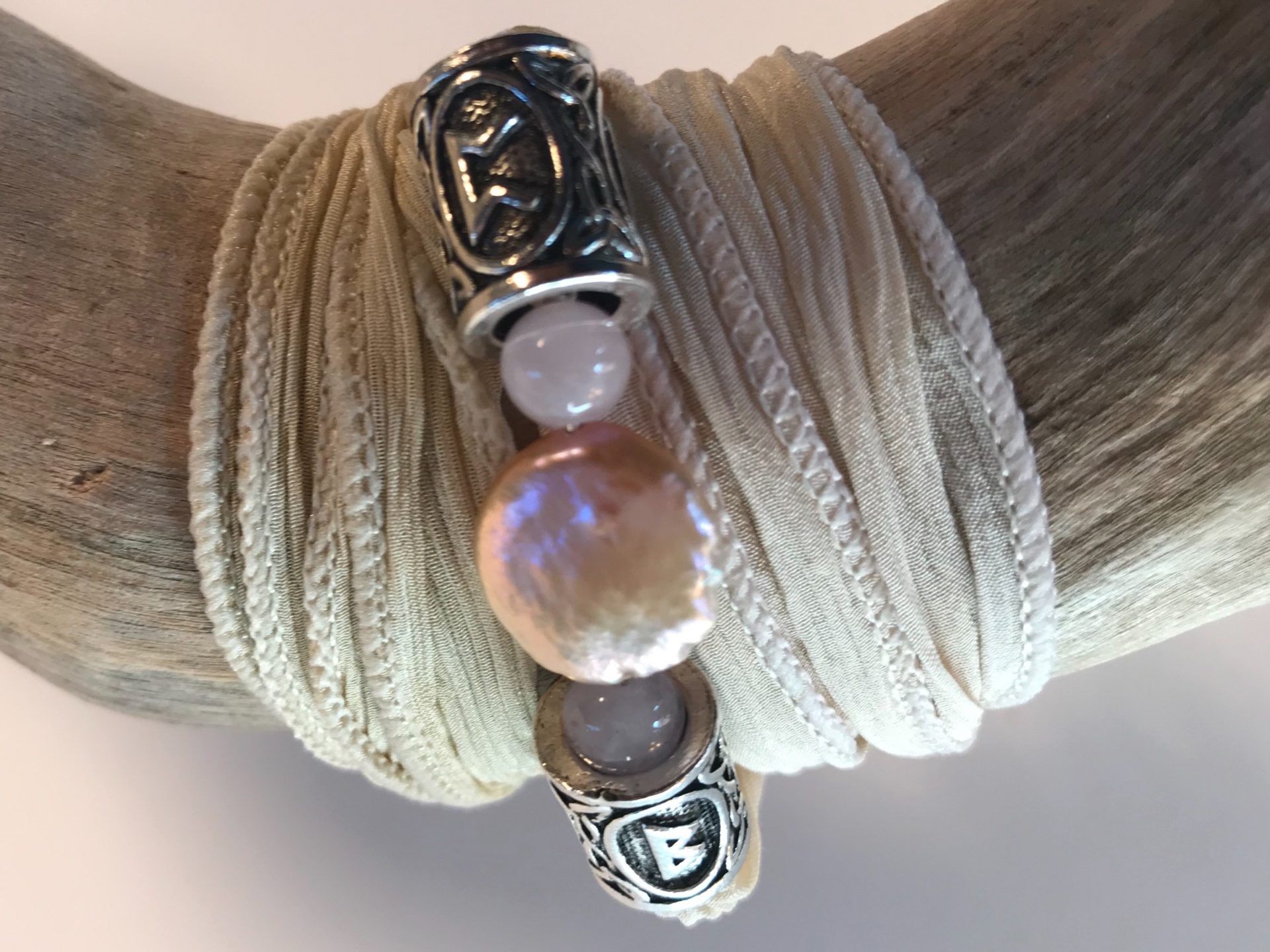 #12 WRIST WRAP ($50): Pink Button Pearl, Rose Quartz Beads, Silver Rune Beads, Cream Silk Ribbon