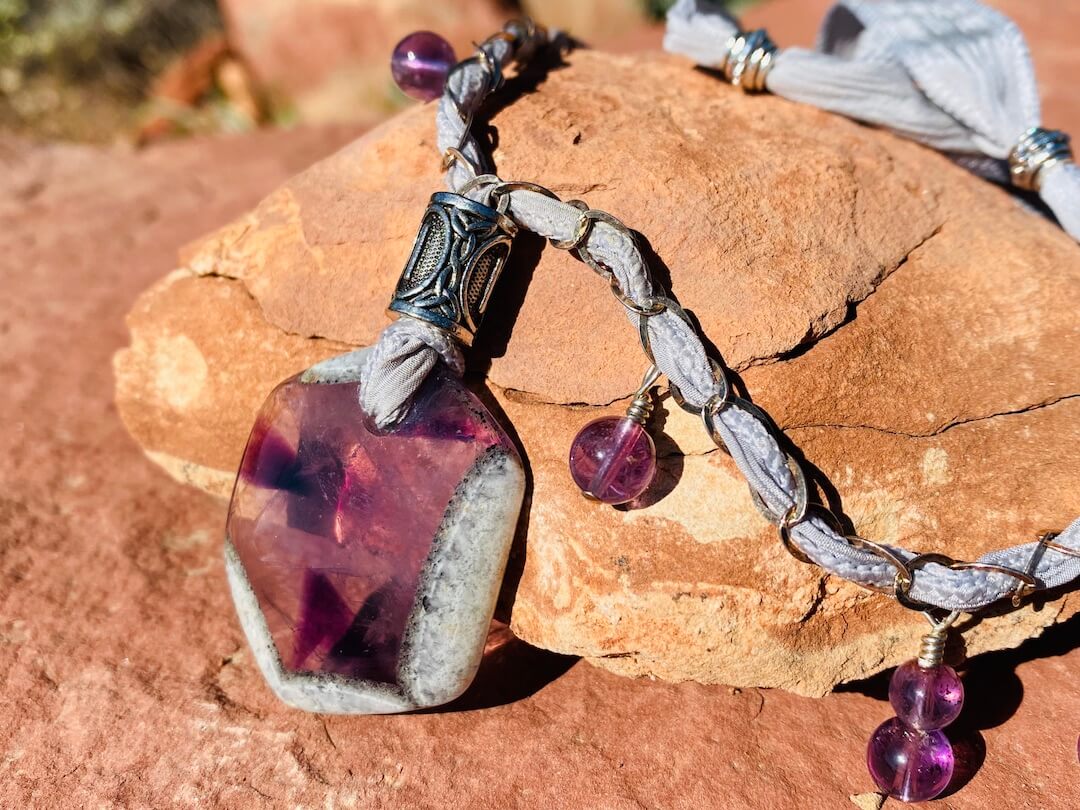 #8 WRIST WRAP ($75): Picture Jasper Stone, Gold Rune Bead, Olive & Avocado Silk Ribbon